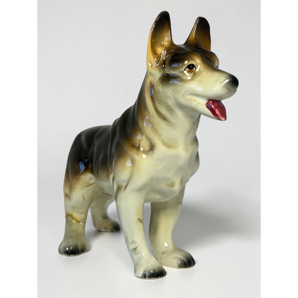 Vintage German Shepherd Ceramic Dog Figurine Standing Japan Black Tan 8 Inch